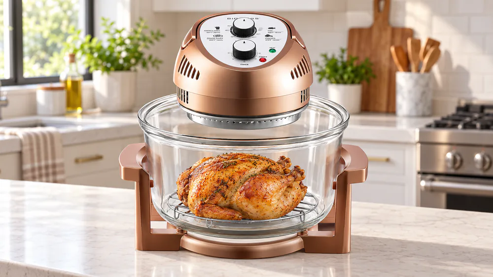 A whole roasted chicken with browned skin sitting on the low rack inside a Big Boss 16Qt glass bowl air fryer