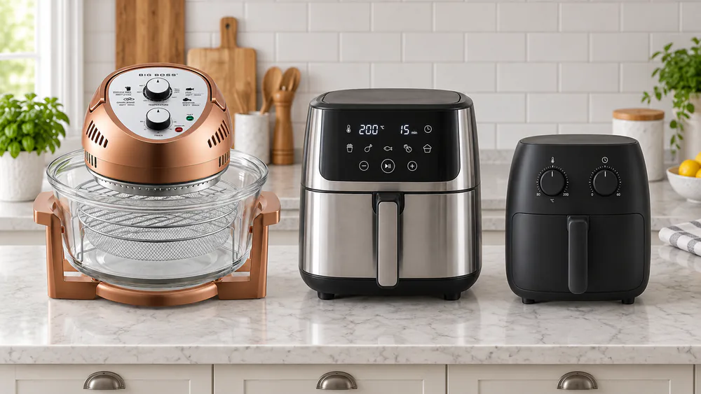 Big Boss 16Qt glass bowl, 10Qt stainless steel, and 4Qt compact air fryers lined up on a counter to show relative size