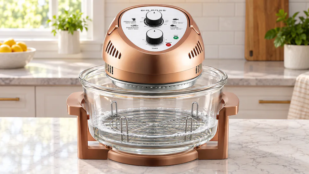 Big Boss 16Qt glass bowl filled with soapy water and inverted racks during the self-wash cycle on a kitchen counter