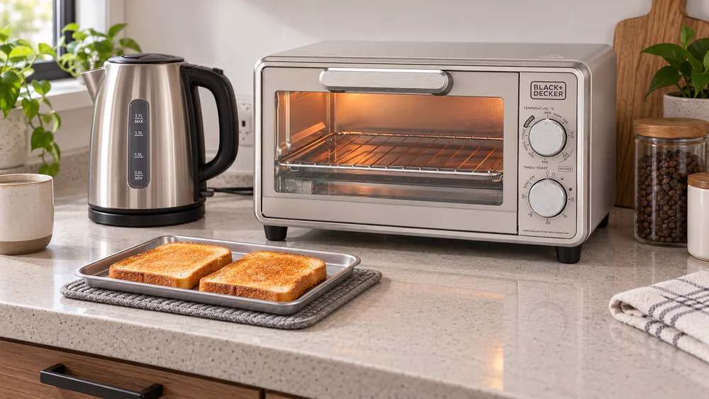 BLACK+DECKER Crisp 'N Bake Pro 4-Slice on a small apartment counter beside a kettle with a tray of toast