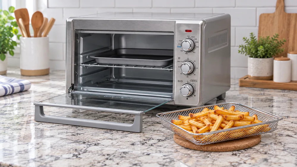 BLACK+DECKER TO3217SS toaster oven on a kitchen counter with its air fry basket pulled out over a batch of crisp fries