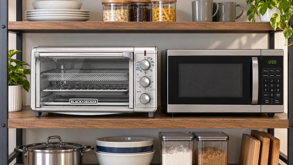 BLACK+DECKER extra-wide stainless toaster oven sitting on a kitchen rack beside a microwave