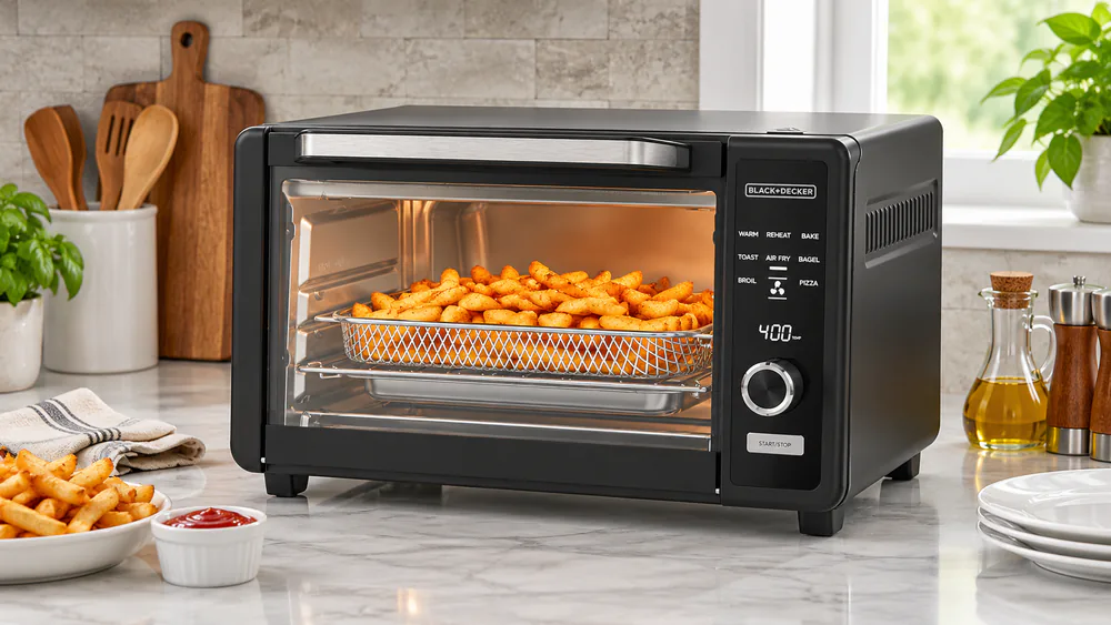 Close-up of the BLACK+DECKER TO60D5-2BD touch display lit with the air fry preset selected above a tray of golden fries