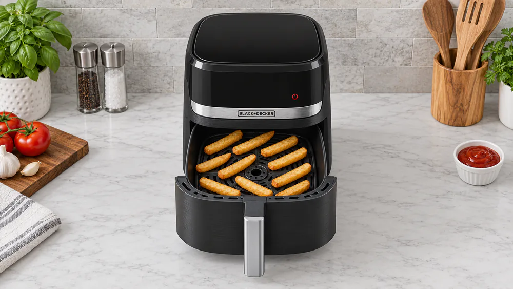 A Black+Decker Purifry basket pulled halfway out on a kitchen counter with golden frozen fries in a single uncrowded layer
