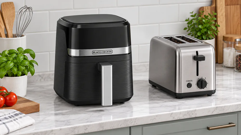 A Black+Decker Purifry 2QT air fryer on a narrow kitchen counter beside a toaster, showing its small footprint