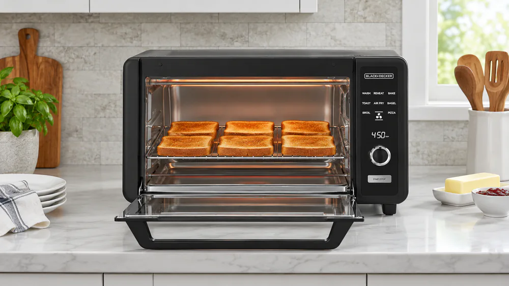 A Black+Decker Crisp 'N Bake 6-Slice Digital oven open on a counter with six evenly browned slices of toast on the rack