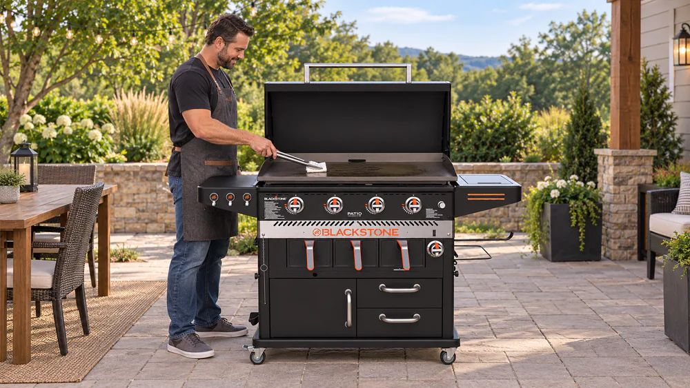 A hand wiping a thin coat of oil across the warm black steel top of a Blackstone griddle combo after cooking