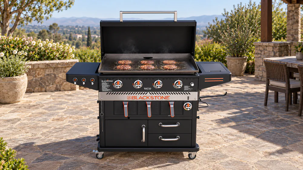 Smash burgers with crisp browned edges cooking on the wide griddle top of a Blackstone 36-inch combo with the air fryer drawers closed below