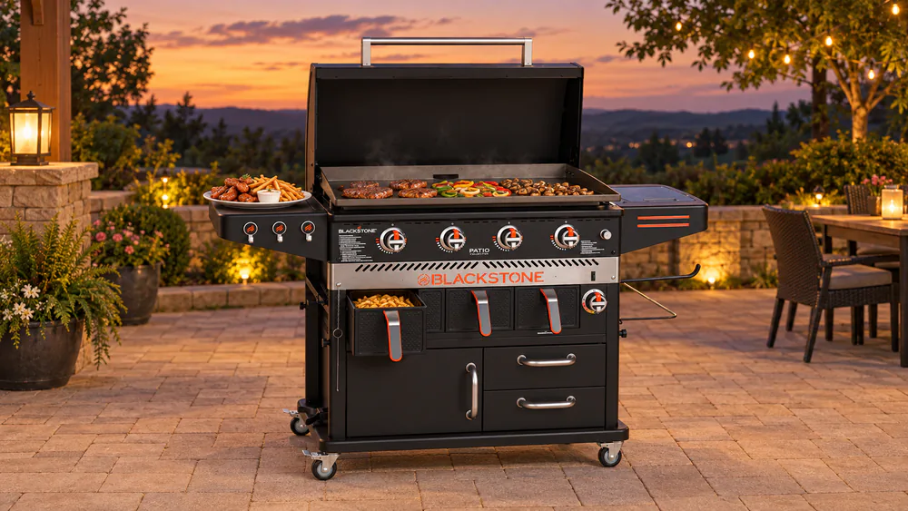A plate of crisp wings and fries beside an open air fryer drawer on a Blackstone griddle combo at dusk