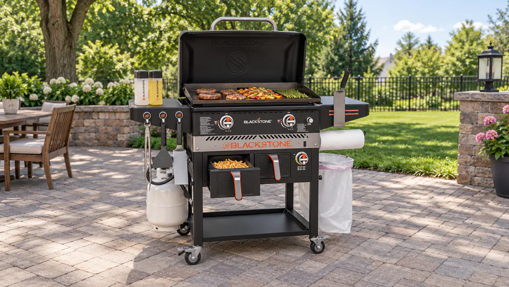 A Blackstone 28-inch combo with the air fryer drawer pulled open, showing crisp golden frozen fries in the basket next to the griddle top