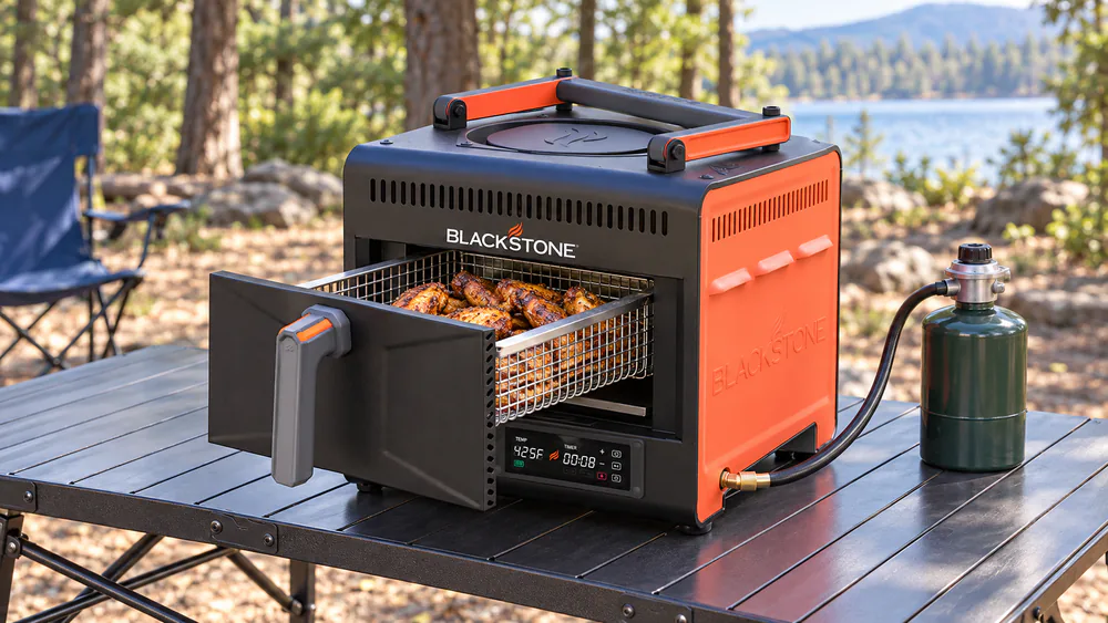 The Blackstone Adventure Ready portable air fryer on a folding camp table with a 1-lb propane cylinder attached and its basket open showing chicken wings