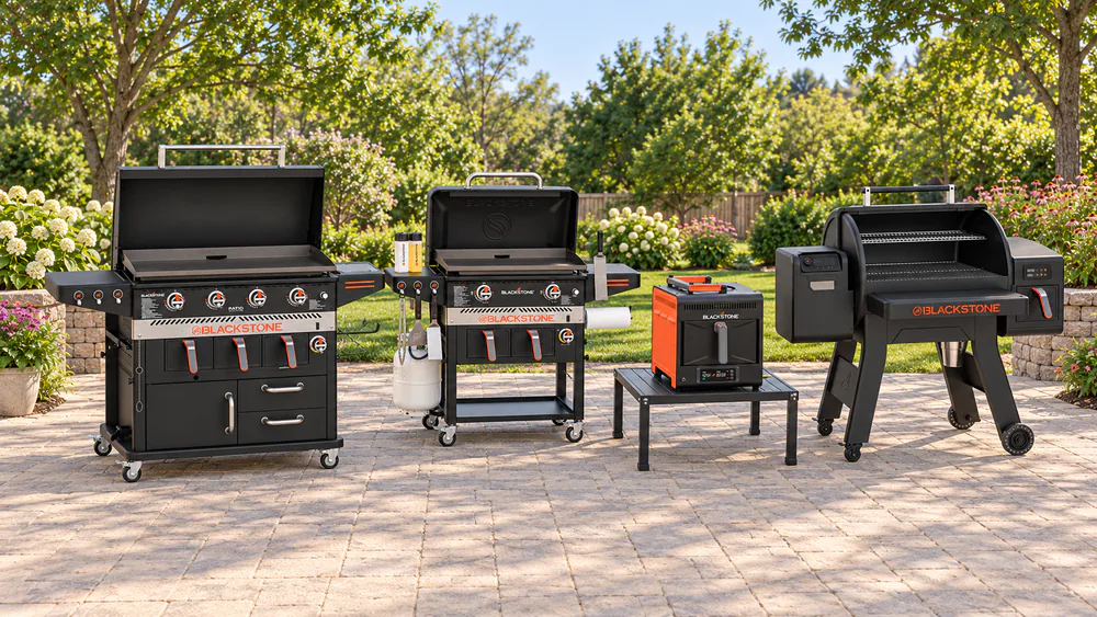 The four Blackstone air fryer models, a 36-inch combo, a 28-inch combo, a portable propane unit and a pellet combo, shown side by side at the same scale on a patio