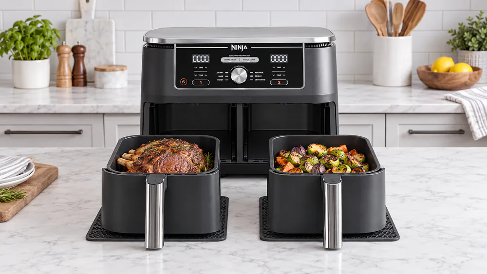 A Ninja Foodi DualZone XL 10 Qt DZ401 on a kitchen counter with both baskets pulled out, one holding bone-in prime rib and the other holding roasted vegetables
