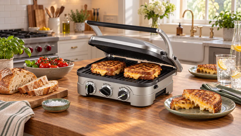 Cuisinart Griddler GR-4NP1 closed as a panini press with a golden grilled cheese sandwich resting on the open bottom plate