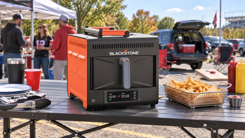 Blackstone 3.5-quart portable propane air fryer sitting on a folding table at a tailgate with a basket of fries beside it