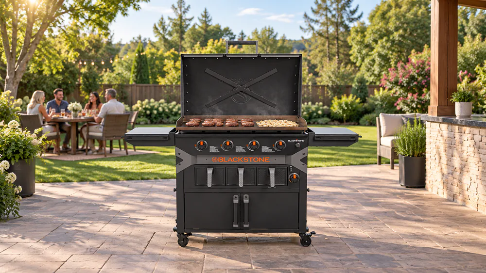 Blackstone Iron-Forged 36 inch griddle air fryer combo covered in burgers and onions at a backyard cookout
