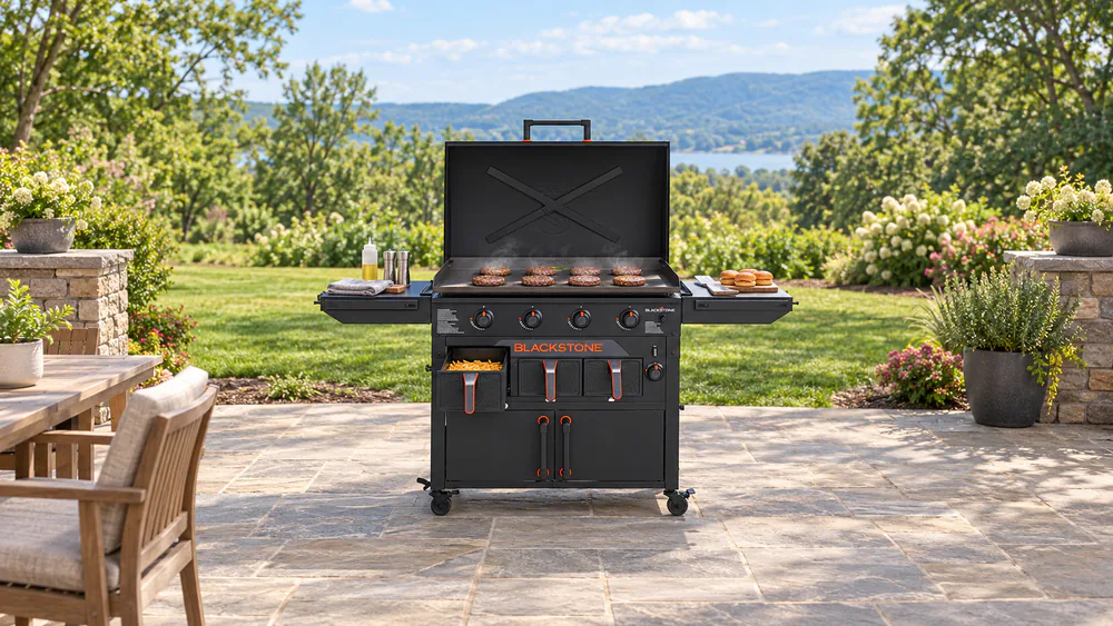 A Blackstone 36-inch griddle combo outdoors with smashburgers cooking on the plate and an air fryer drawer pulled open beneath it