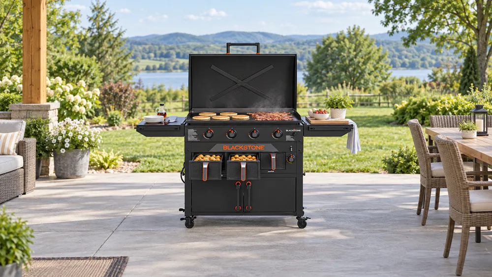 Blackstone Original 36 inch griddle airfryer combo with both drawers open and a full breakfast cooking on the plate