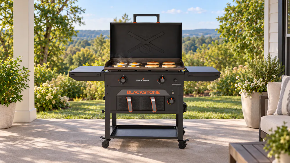 Blackstone Original 28 inch griddle with air fryer combo on a small patio with eggs and pancakes cooking