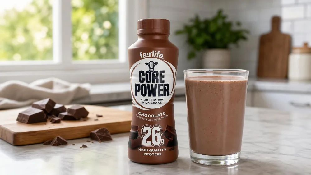 Fairlife Core Power chocolate shake poured into a clear glass showing a thick, milkshake-like body with no separation.