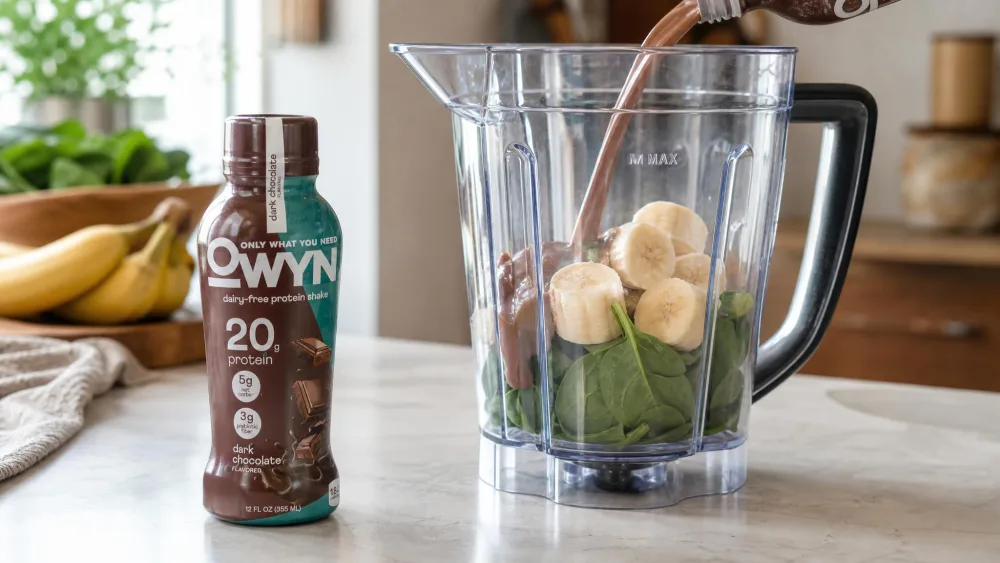 OWYN dark chocolate shake being poured into a blender with frozen banana and spinach to build a smoothie.