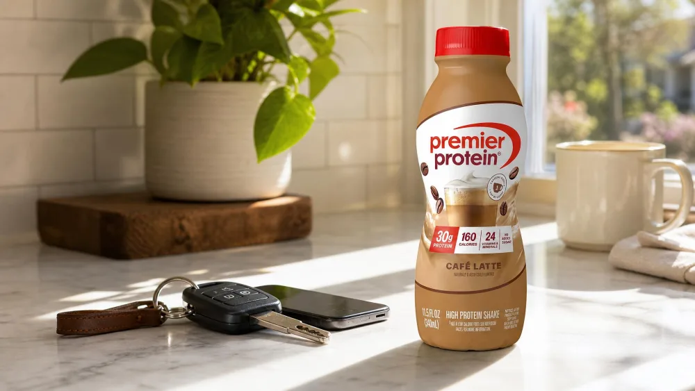 A Premier +Energy Cafe Latte bottle on a morning kitchen counter beside car keys and a phone, staged as a grab-and-go breakfast.