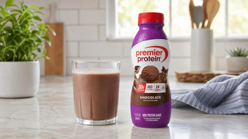 A chilled Premier Protein chocolate bottle beaded with condensation next to a filled glass on a kitchen counter.