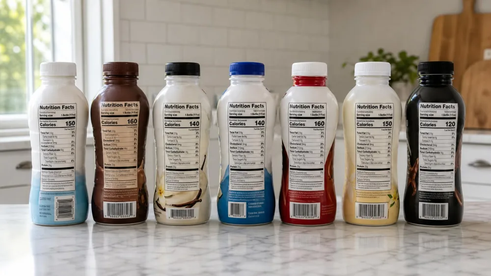 Seven ready-to-drink protein shake bottles lined up on a kitchen counter with their nutrition panels turned to face the camera for comparison.