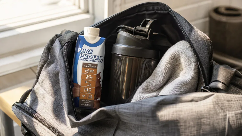 A Pure Protein chocolate bottle tucked into a gym bag next to a shaker and a towel, ready to grab on the way out.