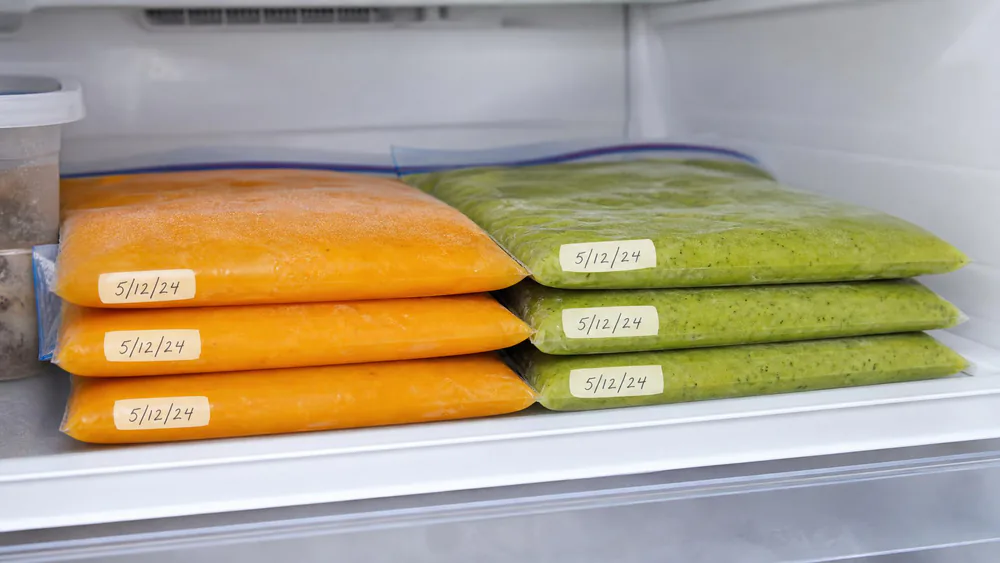 Several freezer bags of orange and green blended soup frozen flat and stacked, each labeled with a name and date.