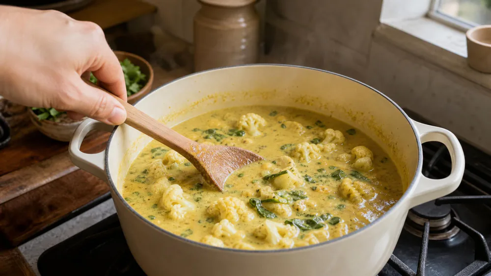 A pot of creamy pale-yellow cauliflower curry soup being stirred with a wooden spoon, flecked with curry spices.
