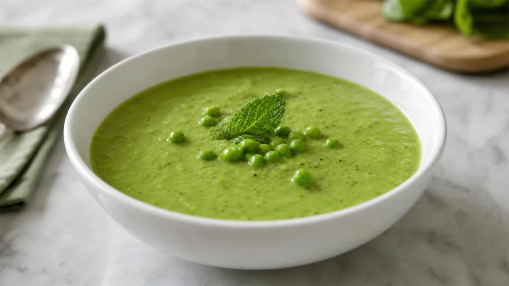 A vivid green pea and mint soup in a white bowl, garnished with a few whole peas and a mint leaf.