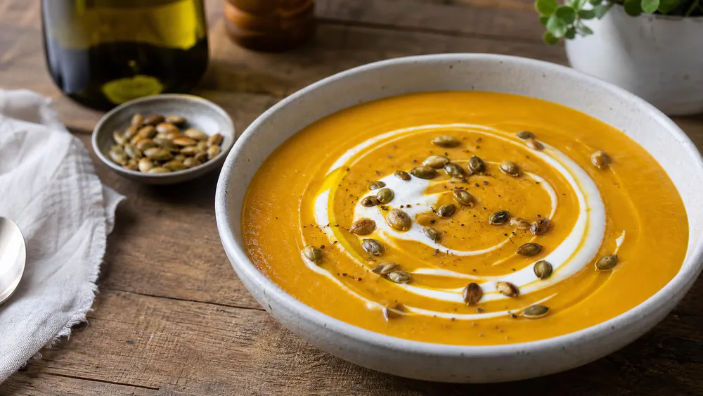 A bowl of smooth orange squash soup finished with a swirl of yogurt, toasted pumpkin seeds, and a drizzle of olive oil.