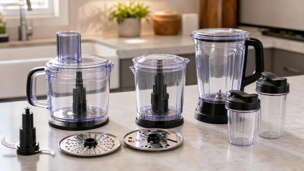Pitchers, processor bowls, a dough blade, single-serve cups, and shredding discs laid out on a counter.