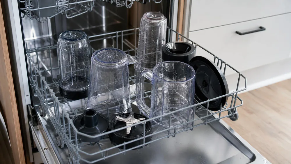 Blender pitchers, bowls, lids, and blades in a dishwasher rack after a cleanup test.