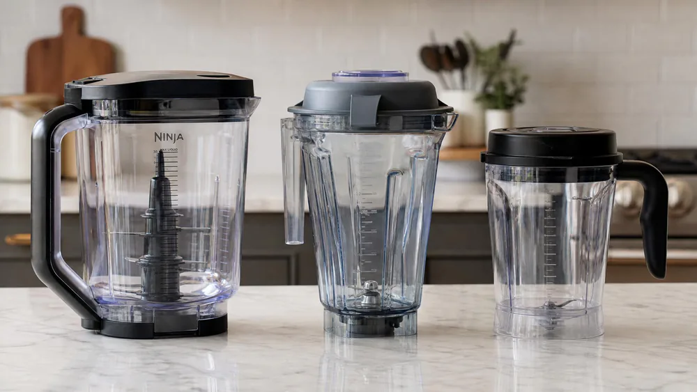 The 72-oz Ninja pitcher, 64-oz Vitamix container, and 40-oz Hamilton Beach jar side by side.