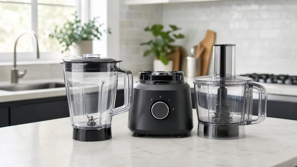 A single combo machine with its pitcher and processor bowl on a cleared kitchen counter.