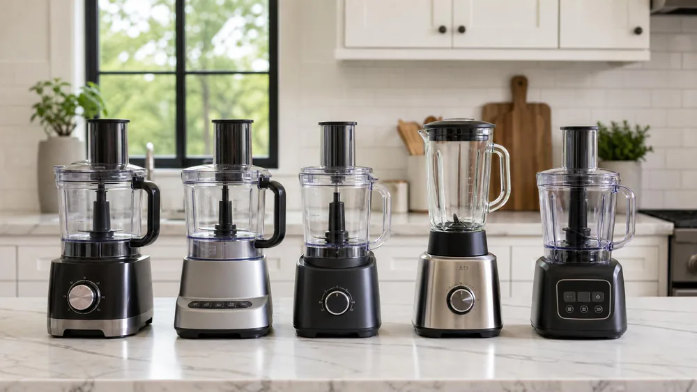 Five blender food processor combos lined up on a kitchen counter, ready for testing.