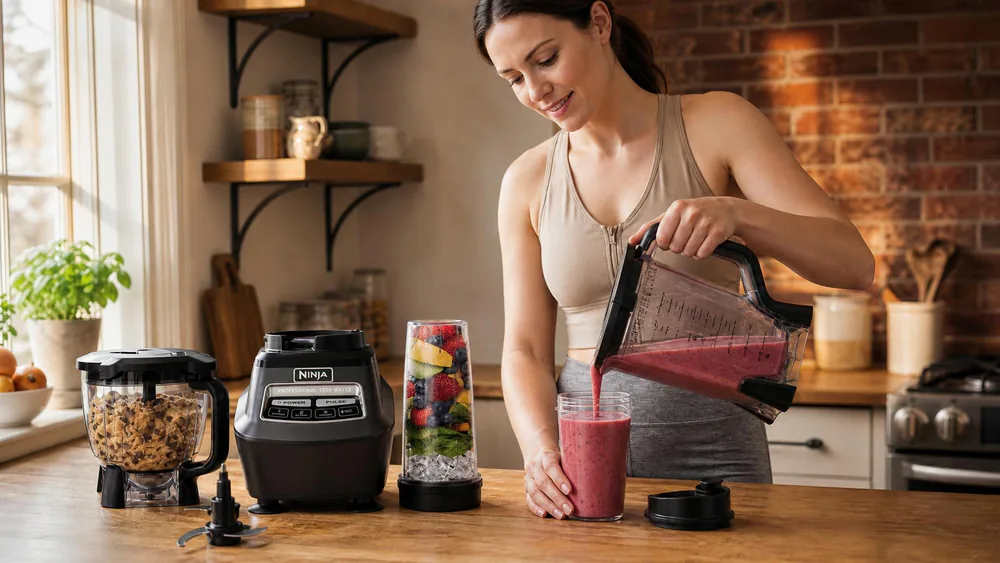 The Ninja BL770 72-oz pitcher pouring a frozen berry smoothie into a 16-oz to-go cup.