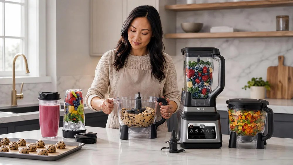 The Ninja BN801 processor bowl with the dough blade mixing dough.
