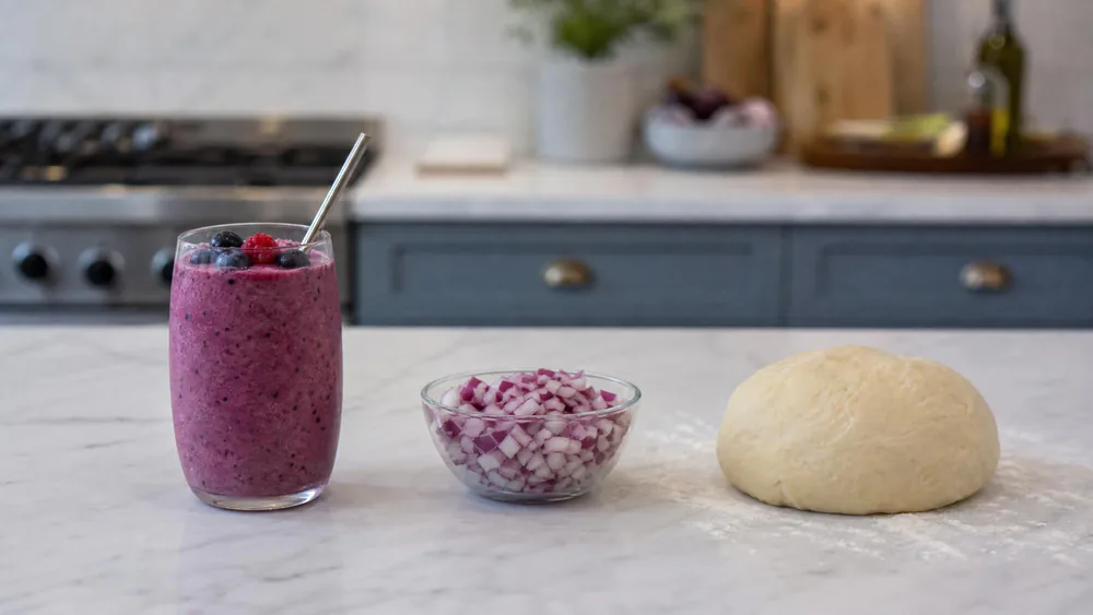 A test-kitchen bench with a frozen berry smoothie, a bowl of diced onion, and a ball of dough.