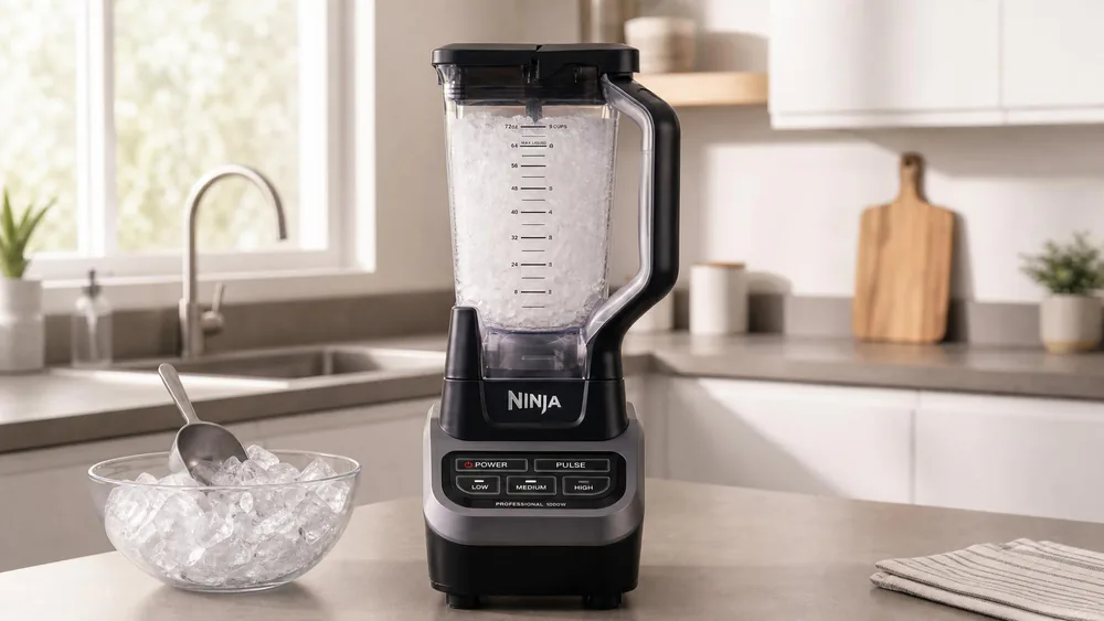 A Ninja BL610 countertop blender with its 72-ounce pitcher full of ice cubes being pulsed to crushed snow, chunks gone by the end of the run.