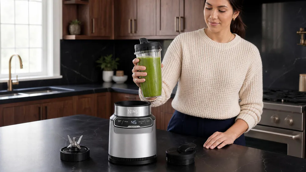 A Ninja Nutri Pro BN401 with a 24-ounce cup of green smoothie being lifted off the base, spout lid ready to travel.