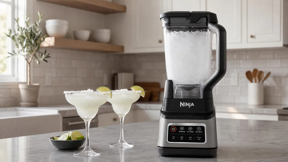 A Ninja BN701 Professional Plus with its 72-ounce pitcher full of snow-fine crushed ice after a frozen drink run, no chunks visible.