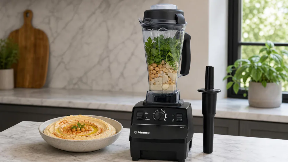 A Vitamix 5200 with its 64-ounce Tritan container on a kitchen counter next to a bowl of silky hummus and the included tamper.