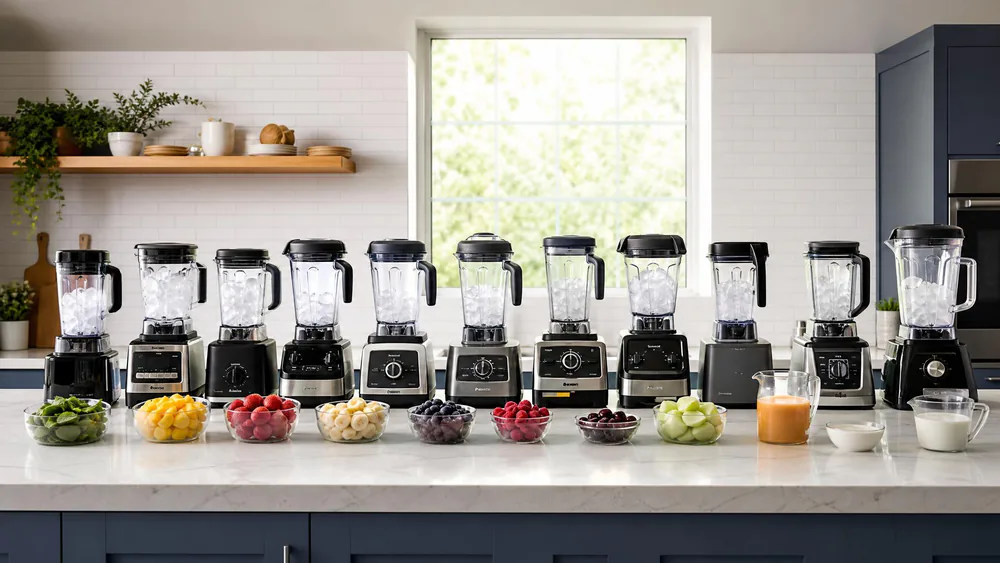 Ten blenders lined up on a test-kitchen counter with pitchers of ice and frozen-drink ingredients ready for testing.