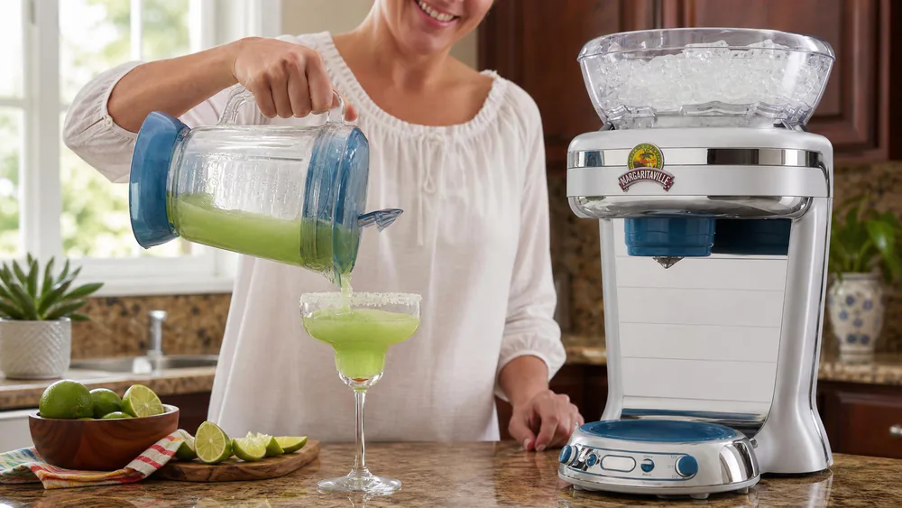 A Margaritaville Key West Frozen Concoction Maker pouring a batch of frozen margaritas, the 36 oz glass jar tipped over a glass.