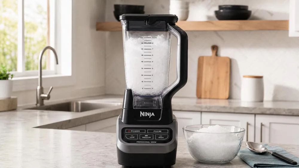 A Ninja Professional BL610 with a 72 oz pitcher of freshly crushed powdery ice snow, fine texture with no slivers.