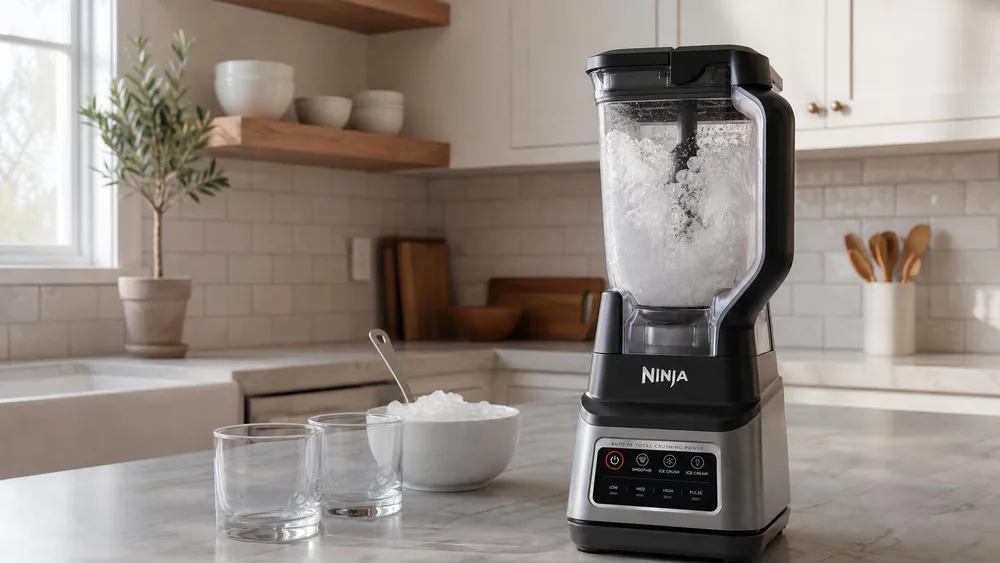A Ninja Professional Plus BN701 pitcher of ice cubes mid-blend, ice turning to snow in the 72 oz pitcher.