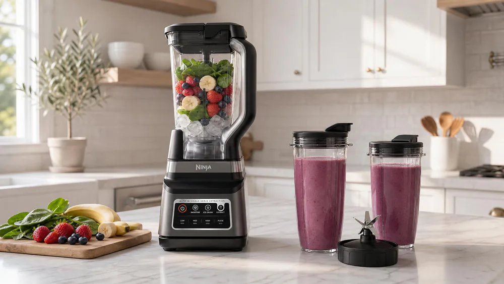 A Ninja Professional Plus DUO BN751 with its 72 oz pitcher and two 24 oz to-go cups, the base showing the Auto-iQ control panel.